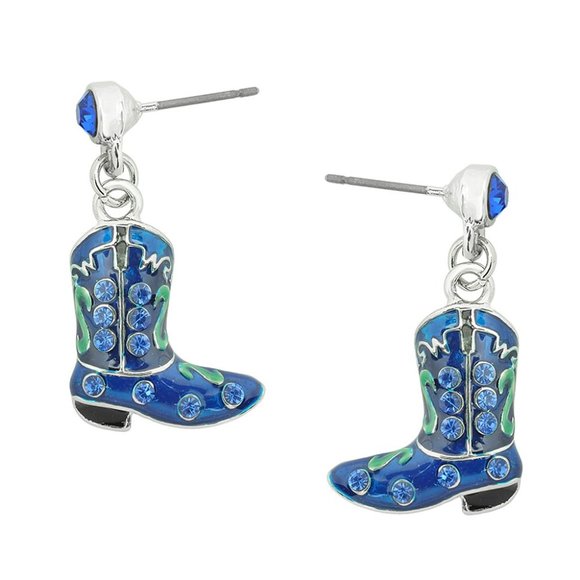 Cowgirl Boot Earrings - Blue Sparkle with Rhinestone Shine - Picture 1 of 10